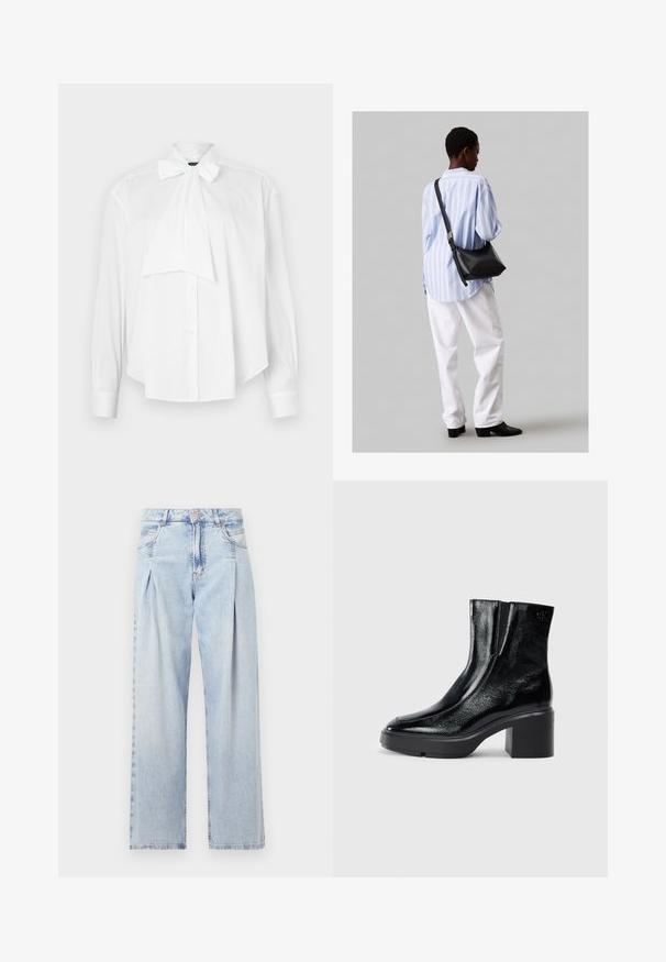 Valge pluus pikemate varrukatega, lipsukrae, nööpidega ees ja mugava lõikega. Valmistatud sileda kangast, ilma mustrite või aktsentideta.; Heledad sinise denimist valmistatud teksapüksid kõrge vöökohaga, laia jala lõikega, kahe külje taskuga ja pleedi disainiga. Pehme tekstuur ja pleekinud viimistlus.; Mustmustest must paeltega särkide, millel on kõver varvas, elastsed külgpaneelid ja jäme plokkpealse. Tagaküljel on reljeefne logo.; Must have mustras alasi nahkpatsi, pehme tekstuuriga, kolmnurkse kujuga ja reguleeritava rihmaga, koos helesinise triibulise särgi ja valgete pükstega.