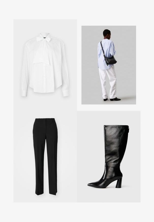 Biela blúzka s dlhými rukávmi, golierom s mašľou, gombíkovým zapínaním vpredu a voľným strihom. Vyrobená z hladkej tkaniny bez vzorov alebo doplnkov.; Čierne krajčírské nohavice so strihom rovného nohu, s hladkou textúrou a ostrými skladmi pozdĺž prednej časti. Žiadne viditeľné hardvér.; Čierna kožená čižma po kolená s špicatou špičkou, hladkou textúrou a masívnym opätkom. Obsahuje detail zipsu na zadnej strane.; Čierna kožená ramenná taška so mäkkou textúrou, trojuholníkovým tvarom a nastaviteľným popruhom, skombinovaná s svetlomodrou pruhovanou košeľou a bielymi nohavicami.