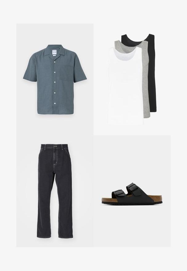 Srajca s kratkimi rokavi v temnosivi laneni tkanini z usnjastim ovratnikom, sprednjim žepom in belimi gumbi ob zapenjanju. Preprosta, sproščena oblika.; Tri majice brez rokavov v bežni, sivi in črni barvi. Vsaka je značilna po klasičnem brezrokavem dizajnu, izdelana iz lahkega bombažnega materiala z rebrasto teksturo.; Črne kavbojke iz denima s ravnim krojem, z zadrgo, petimi žepi in kontrastnim šivom ob šivih.; Črne športne japonke iz sintetičnega materiala z dvema nastavljivima trakoma in kovinskima sponkama; korkov podplat in teksturiran gumijast podplat.