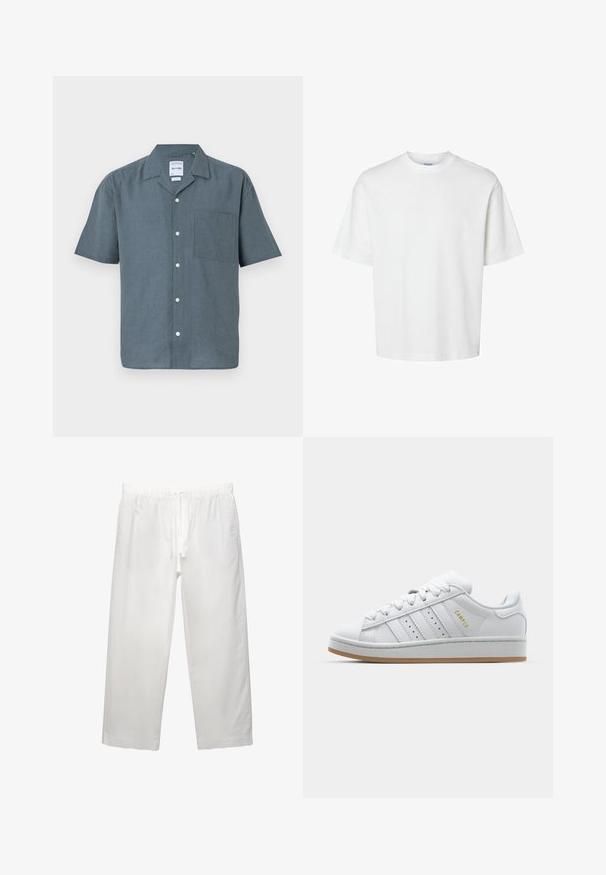 Kortærmet skjorte i mørkegrå hør med spids krave, brystlomme og hvide knapper langs stolpen. Enkel, afslappet pasform.; Hvid bomulds T-shirt med korte ærmer, rund halsudskæring og en afslappet pasform. Glat tekstur uden synlige mønstre eller detaljer.; Hvide linnedbukser med elastisk talje med snøre, bred ben-design og rene sømme. Glat tekstur med afslappet pasform.; Hvide sneakers med perforeret tre-stribe-design, teksturerede detaljer, en gummisål og "CAMPUS" logo i guld på siden.