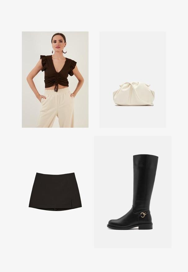 Braun gerippter Crop-Top mit kurzen, schwingenden Ärmeln, tiefem V-Ausschnitt, gerafftem Vorderteil mit Bindeband, kombiniert mit cremefarbenen Hose mit elastischem Bund.; Schwarzer Minirock aus glattem Stoff, mit geradem Schnitt, Seitenschlitzen und sauberem Saum. Einfach und vielseitig.; Anna Field Wide Fit Stiefel - black; Cremfarbener, weicher Kunstlederbeutel mit gerafftem Design, verstellbarem Schultergurt und subtiler Kordelzug-Verschluss. Glatte Textur und runde Form.; Silberne Tropfohrringe mit abgerundeten, reflektierenden Oberflächen; minimalistisches Design mit glatter Textur und subtilen Brandingdetails.