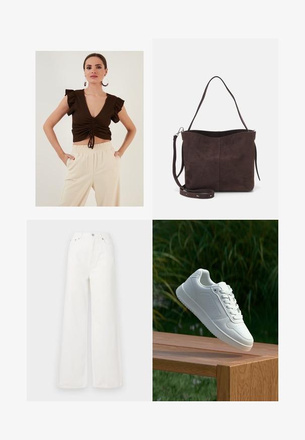 Brun ribbet crop top med korte flæseærmer, dyb V-udskæring, samlet for med bindebånd, parret med cremede bukser med elastisk talje.; Hvide højtaljede brede jeans lavet af denim. Har frontlommer, knaplukning og afrivede kantdetaljer.; Hvid sneaker med en glat syntetisk overdel, perforeret tåboks, flade snørebånd og en tekstureret sål, præsenteret på en træoverflade.; Brun ruskinds tote bag med en blød tekstur, der har en enkelt skulderrem og en diskret buet topåbning. Ingen synlige hårde detaljer.
