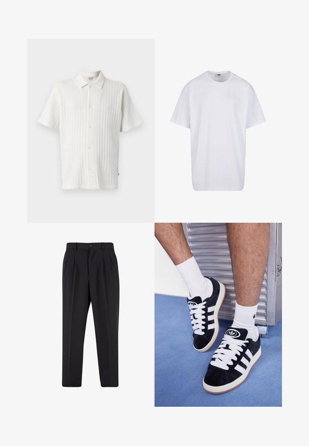 Īsām piedurknēm, balta krekls ar teksturētu, ribotu dizainu. Iekļauj pīrāga tipa apkakli un sešus pogas priekšpusē aizveršanai.; Balta kokvilnas T-kreklu ar īsām piedurknēm, apaļu kakla izgriezumu, brīvu piegriezumu un bez redzamām logo vai rakstiem. Gluda tekstūra un minimālistisks dizains.; Melni brīvie bikses ar krokotu priekšpusi, izgatavotas no gludas auduma. Iespējama poga aizdare un jostas cilpas; taisnu kāju forma.; Melni zamšaini sporta apavi ar baltiem šņorēm un trim baltām svītrām. Iekļauj arī apaļu melnu logotipu uz mēles un gumijas zoli.
