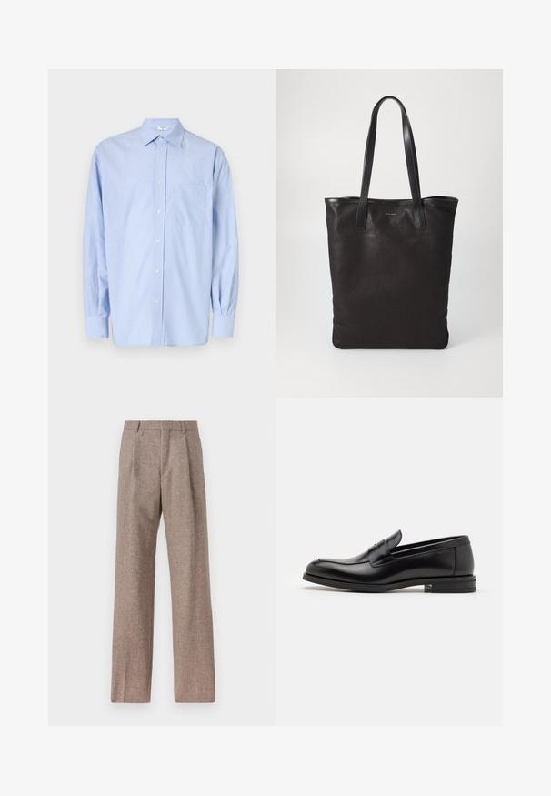 Šviesiai mėlynos juostelės ilgomis rankovėmis marškiniai su mygtukų apykakle, vieninteliu krūtiniu kišenė ir mygtukų uždarymu. Pagaminti iš lygaus, audinio.; Rudos, aukšto liemens kelnes, pagamintas iš tekstūruotos medžiagos. Plati kojos, dvi priekinės klostės struktūrai. Tvarkingas apdailos darbai, be matomų detalių.; Juodos odinės loafers, turinčios lygų paviršių, apvalią noselę ir dekoratyvinę juostą per priekinę dalį. Žemas krentantis kulnas, minimalistinis dizainas.; Juodas drobės pirkinių maišelis su juodais odiniais rankenomis. Paprastas dizainas, erdvus kūnas ir lygus paviršius. Nėra matomų logotipų ar raštų.