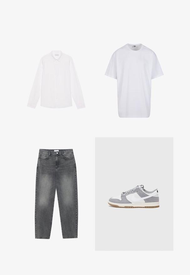 Hvit langermet skjorte med knapper laget av bomull. Har en klassisk krage, frontknapper og en glatt tekstur uten synlige mønstre.; Hvit bomull t-skjorte med korte ermer, rund utringning, avslappet passform, og ingen synlige logoer eller mønstre. Glatt tekstur og minimalistisk design.; Høyt liv, løstsittende jeans i falmet svart denim. Har fem lommer, beltehemper og et rent, rett ben-design.; Grå og hvite sneakers med overdel i semsket skinn og lær, rund tå, flate lisser, og gummisåle med gummibelegg.