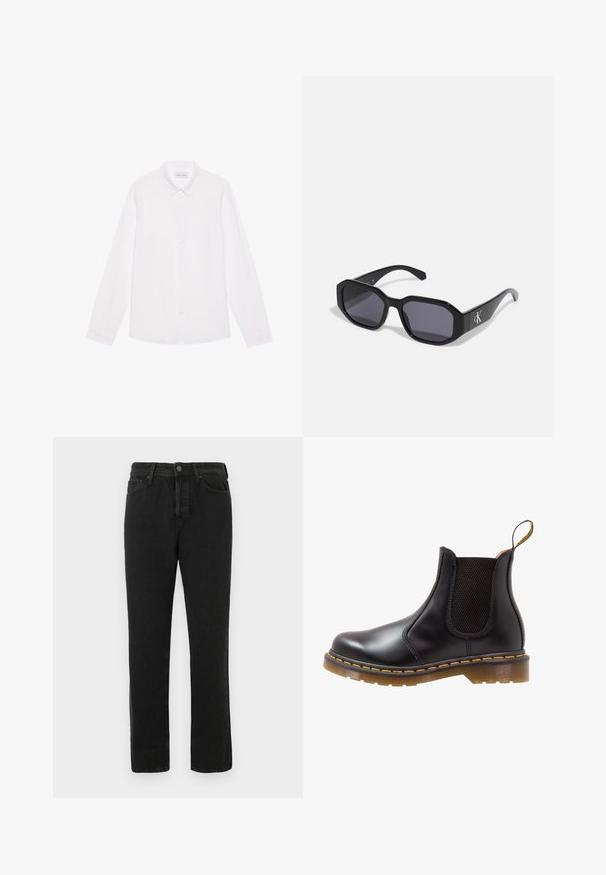 Camicia bianca a maniche lunghe con bottoni, realizzata in cotone. Presenta un colletto classico, bottoni frontali e una texture liscia senza motivi visibili.; Jeans in denim neri a gamba dritta con chiusura frontale a bottoni e zip, passanti per cintura e design a cinque tasche, esposti su sfondo bianco.; Stivale Chelsea in pelle nera con pannelli elastici laterali, cuciture gialle e suola in gomma testurizzata. Presenta un tassello per un facile indossamento.; Occhiali da sole neri con montatura ottagonale, lenti scure, materiale plastico lucido e un accento con logo argento su un lato.