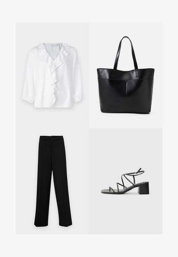 White blouse with 3/4 sleeves, V-neckline, and a ruffled front detail. Made of a smooth, lightweight fabric with a soft texture.; Black wide-leg trousers made of smooth fabric, featuring a classic waistband with a button closure and front pleats.; Black strappy sandals with a square toe and a chunky heel, made of smooth material. Features adjustable ankle straps and minimal hardware.; Black leather tote bag with two long handles, a smooth texture, and a structured shape. Features a front pocket for additional storage.