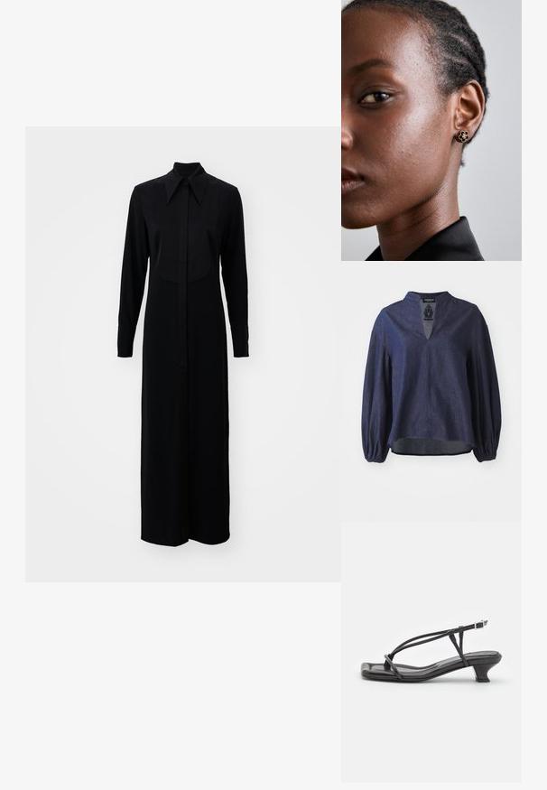Camicia a maniche lunghe di colore blu navy in denim testurizzato, dotata di scollatura a V e polsini arricciati, con un design dal taglio rilassato.; Abito lungo nero a maniche lunghe con chiusura a bottoni, colletto classico e silhouette dritta realizzato in un tessuto morbido.; Sandalo in pelle nera con cinturini sottili, tacco basso a blocco e punta quadrata. Presenta una chiusura con fibbia e una superficie liscia.; Borsa a tracolla in pelle nera trapuntata con apertura arricciata, tracolla in catena dorata e forma rettangolare, appoggiata su uno sfondo semplice.; L'orecchino a bottone floreale in oro presenta un centro nero texturizzato e dettagli delicati. La pelle chiara del modello e i capelli intrecciati sono visibili di profilo.