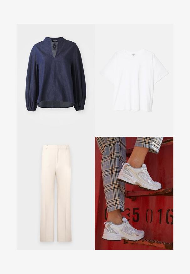 Camicia a maniche lunghe di colore blu navy in denim testurizzato, dotata di scollatura a V e polsini arricciati, con un design dal taglio rilassato.; T-shirt bianco in cotone con maniche corte, scollo rotondo, vestibilità comoda e orlo cucito. Etichetta visibile all'interno del colletto.; Pantaloni beige su misura con design a gamba dritta, realizzati in tessuto leggero. Presentano pieghe frontali e una cintura classica.; Sneaker bianchi in rete con accenti argento e suola testurizzata, posizionati su una superficie rossa, abbinati a pantaloni a scacchi.