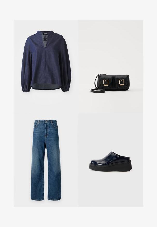 Navy blue, long-sleeve shirt made of textured denim, featuring a split neckline and gathered cuffs with a relaxed fit design.; Wide-leg jeans in medium blue denim. High-waisted with front pockets and a zip-fly. Smooth texture with subtle fading and stitching details.; Navy blue patent leather clog with a smooth finish, featuring a thick black platform sole and visible stitching along the base.; Black leather crossbody bag with two front pockets, gold buckles, zipper closure, and a slim strap. Textured surface and compact rectangular shape.