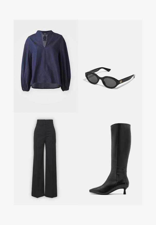 Marineblå, langærmet skjorte lavet af tekstureret denim, med en delt halsudskæring og let gathered manchetter samt et afslappet fit design.; Bredbenede bukser i sort stof med høj talje, der har en ren finish og glat tekstur. Ingen synlige detaljer eller mønstre.; Zign Høje støvler/ Støvler - black; Sorte ovale solbriller med mørke linser og blank plastramme. Har et guldlogo på stykket, hvilket giver et slankt og moderne design.