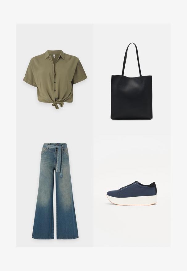 Cămașă scurtă, de culoare verde măsliniu, cu butoane, confecționată dintr-un material moale, cu mâneci scurte și un detaliu de legare în față, având butoane negre.; Pantaloni din denim largi, cu un gradient de la albastru deschis la albastru închis, talie înaltă, bucle pentru curea și o curea din același material. Finisaj texturat din denim.; Sneaker albastru închis, cu un material texturat pe partea superioară, talpă platformă albă, vârf rotunjit și accent de călcâi negru. Dispune de șase găuri pentru șireturi.; Geantă tote neagră din piele, cu textură netedă, formă rectangulară și două mânere lungi. Fără hardware vizibil sau ornamente.