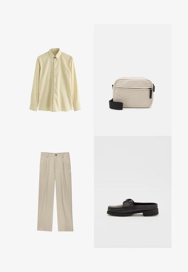 Svetlo rumena srajca z gumbi, z navpičnimi belimi in temnejšimi rumenimi črtami, dolgimi rokavi in klasičnim ovratnikom. Gladka tekstura tkanine.; Bež hlače ravnega kroja, z enim črnim gumbom, zanke za pas in stranskimi žepi. Gladka tekstura tkanine in minimalističen dizajn.; Črne usnjene čevlje brez vezalk z detajli vezalke, zaobljenim prstom in teksturiranim podplatom. Imajo rahlo dvignjen peto in gladko površino.; Kremno obarvana kordna torbica za čez ramo z črnim zadrgo, snemljivim trakom in strukturiranim vzorcem. Ima en glavni predel in sprednji žep.