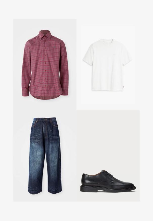 Rjava karirasta srajca z dolgimi rokavi, ki ima ovratnik z gumbi, rjave gumbe in ukrivljen rob, izdelana iz tkane bombažne tkanine.; Bela bombažna majica s kratkimi rokavi, okroglim ovratnikom in subtilnim logotipom Levi's, natisnjenim na sredini. Mehak material in standardna oblika.; Temno modri kavbojski široki hlače imajo visok pas, kontrastno šivanje, sprednje žepe in gladko površino s rahlim zbledelostjo.; Črne usnjene oblečne čevlje s krožno konico, zavezovanje z vezalkami in nizko plastiko. Gladka tekstura z minimalnimi šivi.