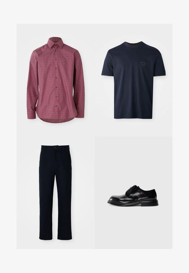 Červená kostkovaná košile s dlouhým rukávem, která má límec na knoflíky, hnědé knoflíky a zakřivený lem, vyrobená z tkané bavlny.; Námorně modré bavlněné tričko s krátkým rukávem, kulatým výstřihem a vyšitým logem na levé hrudi. Hladká textura, klasický střih.; Námorně modré kalhoty vyrobené ze 100 % bavlny, s rovnými nohavicemi, předním zapínáním na knoflík a klasickým pasem s poutky na pásek.; Černé kožené společenské boty se zaoblenou špičkou, hladkým povrchem, šněrováním a vrstvou podpatku. Minimalistický styl bez viditelných log.