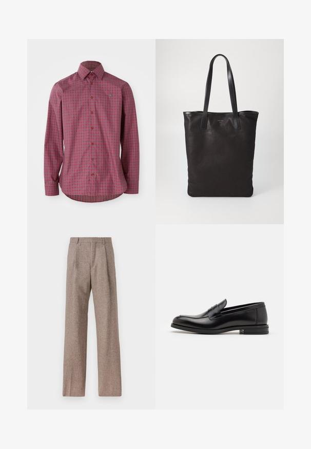 Rjava karirasta srajca z dolgimi rokavi, ki ima ovratnik z gumbi, rjave gumbe in ukrivljen rob, izdelana iz tkane bombažne tkanine.; Rjave hlače z visokim pasom, izdelane iz teksturirane tkanine. Imajo široke noge in dve sprednji pregibi za strukturo. Urejen zaključek brez vidne strojne opreme.; Črne usnjene loafer čevlje z gladko teksturo, zaobljenim nosom in dekorativnim trakom čez zgornji del. Nizka zložena peta, minimalističen dizajn.; Črna platnena torba s črnimi usnjenimi ročaji. Preprost dizajn, prostorna notranjost in gladka tekstura. Brez vidnih logotipov ali vzorcev.