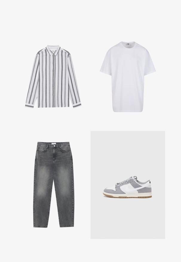 Langärmeliges Hemd mit Knöpfen in Weiß mit schwarzen vertikalen Streifen. Hergestellt aus einem leichten Stoff, mit klassischem Kragen und Manschetten.; Weiße Baumwoll-T-Shirt mit kurzen Ärmeln, rundem Ausschnitt, lockerer Passform und ohne sichtbare Logos oder Muster. Glatte Textur und minimalistisches Design.; Hoch taillierte, locker sitzende Jeans aus verwaschenem schwarzem Denim. Verfügt über fünf Taschen, Gürtelschlaufen und ein sauberes, gerades Bein-Design.; Graue und weiße Sneaker mit einem Obermaterial aus Wildleder und Leder, abgerundeter Spitze, flachen Schnürsenkeln und einer Gummisohle mit einem Kautschukakzent.