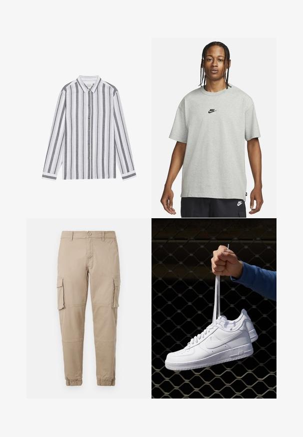 Camicia con maniche lunghe e bottoni di colore bianco con righe verticali nere. Realizzata in un tessuto leggero, presenta un colletto classico e polsini.; Giovane con capelli intrecciati che indossa una maglietta Nike grigia chiara e pantaloni Nike neri su uno sfondo bianco semplice.; Pantaloni cargo beige in un leggero cotone. Presentano polsini elasticizzati, molteplici tasche laterali e una chiusura con bottone.; Sneakers in pelle bianca con perforazioni, punta rotonda, suola piatta e lacci spessi, con logo swoosh visibile e "AIR" sul tallone.