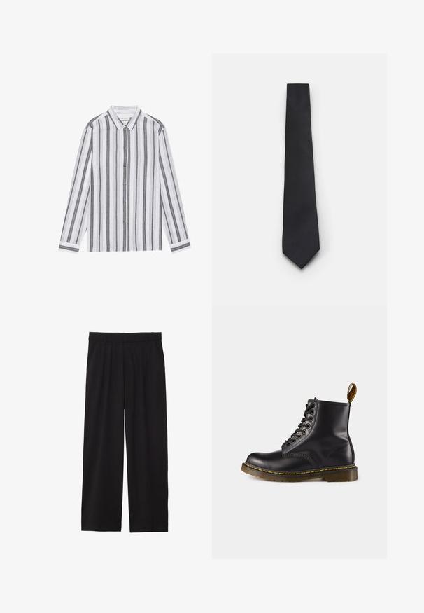 Chemise à manches longues boutonnée blanche avec des rayures verticales noires. Fabriquée en tissu léger, elle présente un col classique et des poignets.; Pantalons larges noirs avec un devant plissé, des poches latérales et une texture de tissu lisse. Conçus pour un ajustement décontracté.; Bottine en cuir noir avec des coutures jaunes, à lacets à l'avant, bout rond et semelle en caoutchouc texturé. Dotée d'un tirant à l'arrière.; Cravate noire étroite avec un motif en diagonale texturé et côtelé. Présente une pointe et une finition lisse. Convient aux tenues formelles.