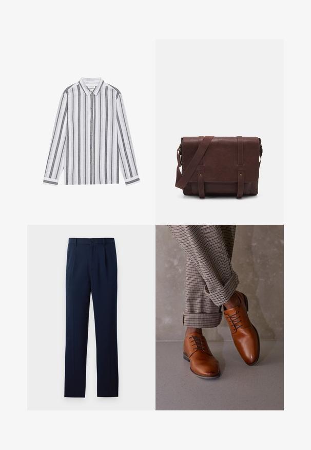 Long-sleeve button-up shirt in white with black vertical stripes. Made of a lightweight fabric, featuring a classic collar and cuffs.; Navy blue trousers made of smooth fabric, featuring a single button closure, pleats, and straight legs. Minimalist design with no notable patterns.; Brown leather shoes feature a rounded toe, five eyelet lace-up design, and contrasting dark laces. Pants are plaid, rolled at the cuffs.; Brown leather messenger bag with a flat front flap, two straps, gold hardware accents, and an adjustable shoulder strap.