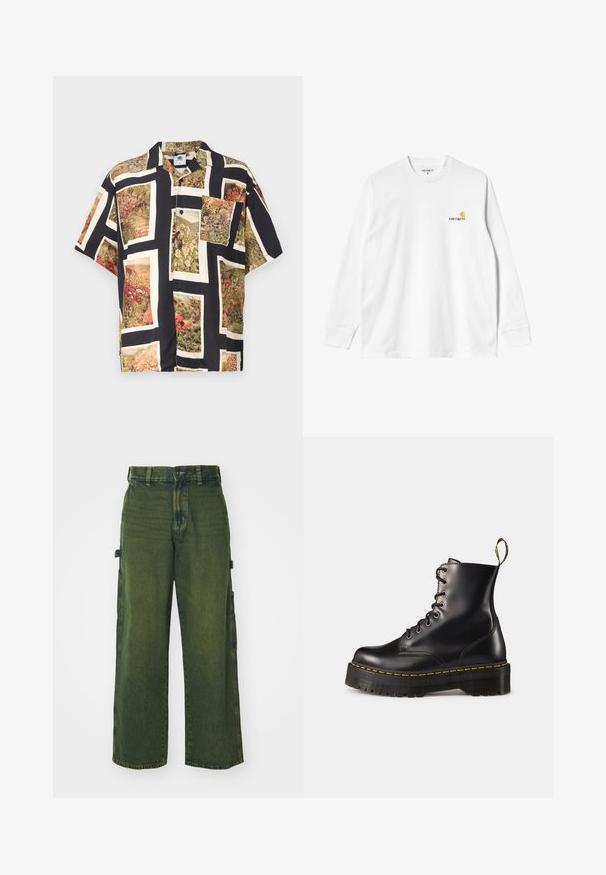 Lühikeste varrukatega must nööbiga särk, millel on elavad lillemustrid ristkülikukujulistes raamides. Valmistatud kerge kangaga ja jalgrattakaelus.; Pika, valgest puuvillast t-särgist pikkade varrukatega, ringkaelusega, vasakul rinnal on väike kollane ja burgundia logo. Ühendamata varrukasäärte ja alläärega.; Rohelised denimpüksid, millel on laiad sääred, küljetaskud, pleekinud tekstuur ning klassikaline nööp- ja tõmblukkluuk.; Mustad musta nahast kingad, millel on paks must solk ja kollane õmblus. Tagaküljel on tõmblõng ja ümmargused metallisest silmad.