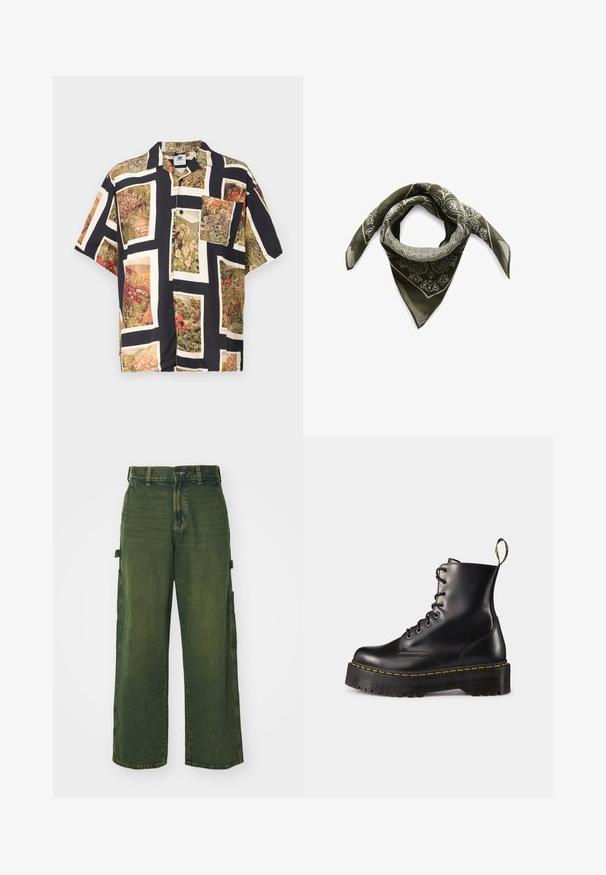 Kratší rukáv, knoflíková košile v černé barvě s živými květinovými potisky v obdélníkových rámech. Vyrobena z lehkého materiálu s volným střihem.; Bílý bavlněný tričko s dlouhými rukávy a kulatým výstřihem, na levé části hrudi se nachází malé logo v žluté a burgundské barvě. Bezšvové manžety a lem.; Zelené džínové cargo kalhoty s širokými nohavicemi, vybavené bočními kapsami, vybledlou texturou a klasickým zapínáním na knoflík a zip.; Černé kožené kotníkové boty na šněrování s mohutnou černou podrážkou a žlutým prošíváním. Mají poutko na zadní straně a kulaté kovové očko.; Matinique Šátek - thyme