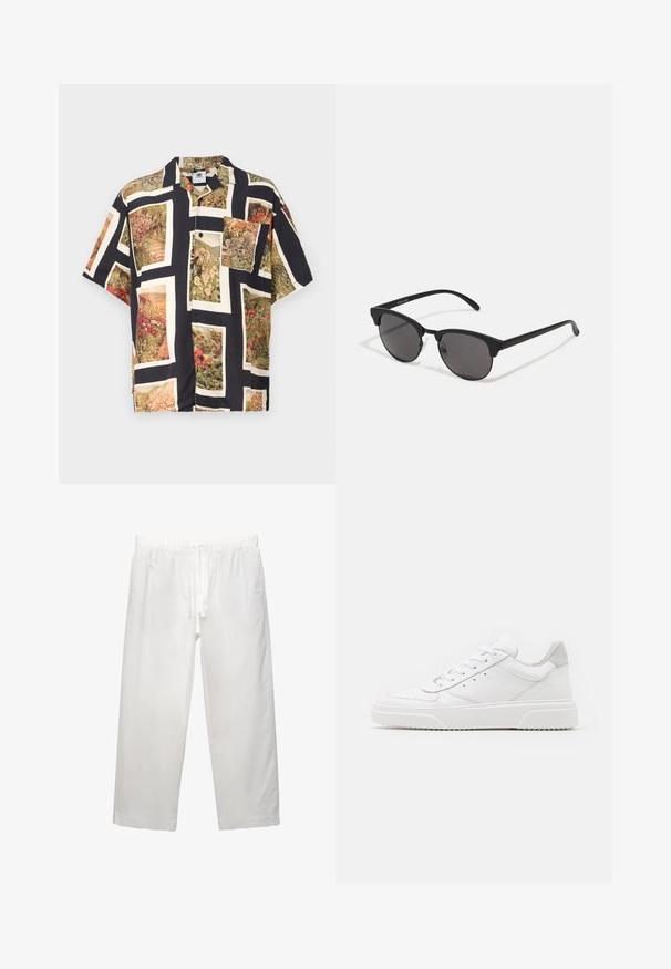 Koszula z krótkim rękawem zapinana na guziki w kolorze czarnym, z żywymi kwiatowymi nadrukami w prostokątnych ramach. Wykonana z lekkiego materiału o luźnym kroju.; Biała bawełniana koszulka z krótkim rękawem, okrągłym dekoltem i luźnym krojem. Gładka struktura bez widocznych wzorów czy akcentów.; Białe lniane spodnie z elastycznym pasem i sznurkiem, szerokimi nogawkami i czystymi szwami. Gładka tekstura z luźnym krojem.; Białe skórzane trampki o gładkim wykończeniu, zaokrąglonym nosku, płaskich sznurówkach i teksturowanej podeszwie. Szary zamszowy akcent na pięcie.; Czarne okulary przeciwsłoneczne z okrągłymi soczewkami, matowym wykończeniem i charakterystycznym kształtem kota. Smukłe ramiona z subtelnym logo na lewym skroniu.