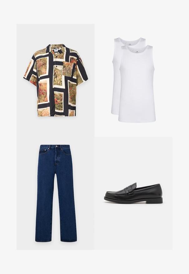 Kraťasové košele s gombíkmi v čiernej farbe s jasnými kvetinovými motívmi v obdĺžnikových rámoch. Vyrobené z ľahkej textílie s voľným strihom.; Biele bavlnené tielka, bezrukávový dizajn, okrúhly výstrih, hladká textúra, vyrobené z jemnej a ľahkej látky. Zobrazené sú dva kusy.; Tmavomodré džínsy s rovnými nohavicami, ktoré majú oranžové prešívanie, gombíkový zapínací systém a dve predné vrecká s kontrastnými nitmi.; Čierne kožené mokasíny s elegantným dizajnom, zaoblenou špičkou, prešívaním a nízkym blokovým podpätkom. Hladký povrch a minimálne akcenty.