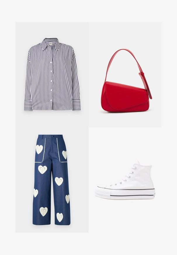 Camisa de botão riscada com linhas verticais pretas e brancas, colarinho, mangas longas e punhos com botão. Material de algodão suave.; Sister Jane HEART TO HEART - Calças de ganga de perna direita - blue denim; Sapatilha alta de tela branca com sola de borracha preta, bico de borracha na frente e seis ilhós para os atacadores, apresentando um design limpo e minimalista.; Bolsa de mão em couro vermelho com um design angular e geométrico. Apresenta uma única alça ajustável e um fecho com aba, com detalhes cosidos.