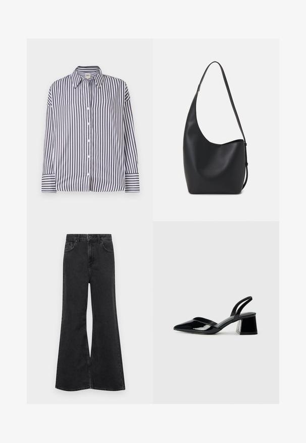 Striped button-up shirt featuring vertical black and white lines, a collar, long sleeves, and button cuffs. Smooth cotton material.; Black denim flared jeans with a high waist, featuring five pockets, subtle stitching, and a button closure at the front.; Black patent leather slingback heels with a pointed toe and a geometric block heel. Features a sleek, minimal design and smooth texture.; Black leather hobo bag with a smooth texture, curved shape, and single adjustable strap; features a wide opening at the top.