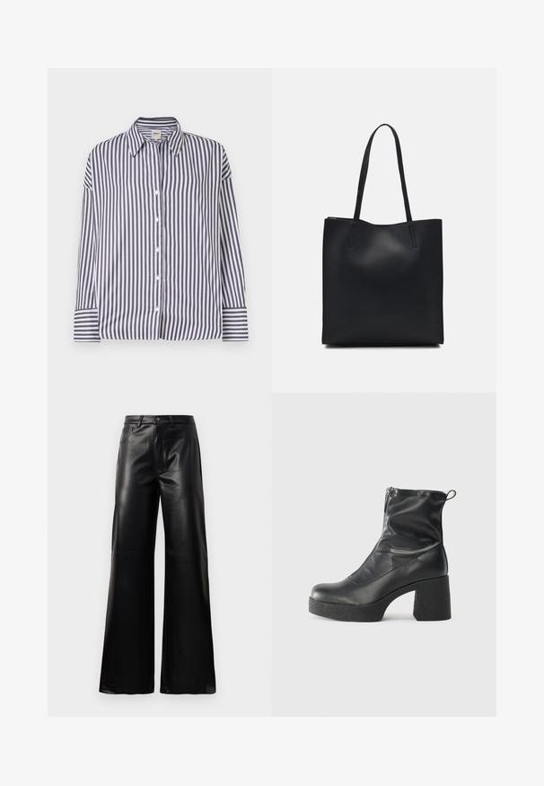 Črtasta srajca z gumbi, ki ima navpične črne in bele črte, ovratnik, dolge rokave in gumbnice na rokavih. Gladek bombažni material.; Črne široke hlače iz umetnega usnja z visokim pasom, sprednjim gumbom, zadrgo, zanke za pas in stranskimi žepi na beli podlagi.; Črne gležnjarje iz gladke kože z božnim zadrgo, masivnim teksturiranim peto in zaobljeno obliko prstov.; Črna usnjena torba s svilnato teksturo, pravokotne oblike in dvema dolgima ročajema. Brez vidnih metalnih delov ali okrasnih elementov.