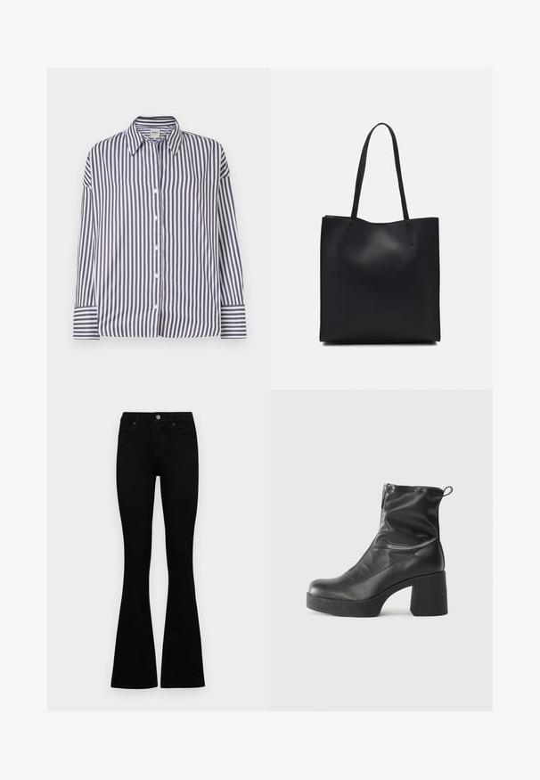 Csíkos, gombos ing, fekete és fehér függőleges csíkokkal, gallérral, hosszú ujjakkal és gombos mandzsettával. Sima pamut anyag.; Fekete, magas derekú farmernadrág gomb- és cipzárzárral, elülső zsebekkel és harangszárral, laposan egy fehér háttérre terítve.; Fekete bokacsizmák sima bőrből, oldalsó cipzárral, vastag, texturált sarkú és lekerekített orrú dizájnnal.; Fekete bőrtáska sima felszínnel, téglalap alakú, két hosszú füllel. Nincs látható fémkiegészítő vagy díszítés.