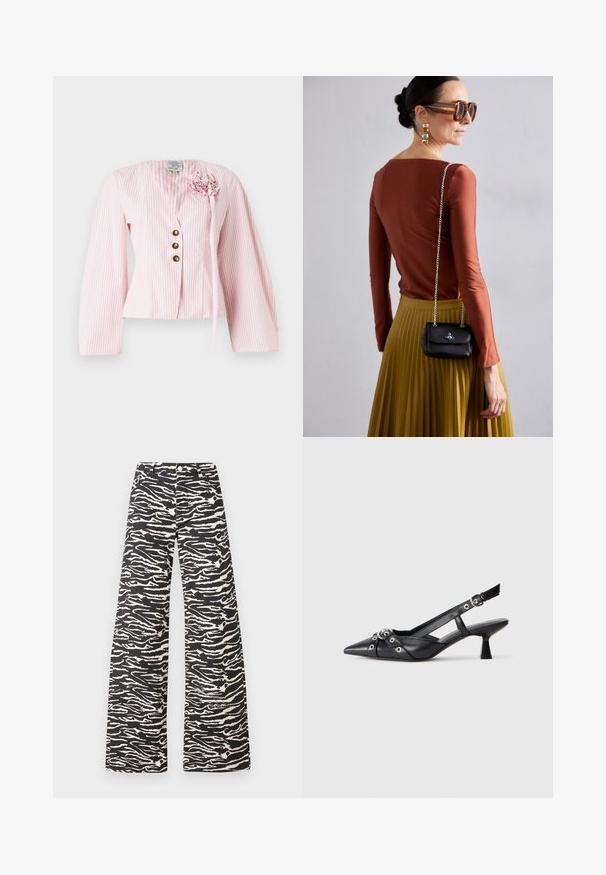Rosa randig blus med V-ringning, långa ärmar och en blommig detalj på vänster sida. Tre dekorrknappar fram.; Vida byxor i ett svart och krämfärgat zebramönster. Tillverkade av strukturtyg med klassisk midjeresår och framfickor.; Svart lädersko med slingback-design, spetsig tå, dekorativa remmar med metallöglor och en låg klack. Texturerad yta.; Vivienne Westwood SMALL PURSE CHAIN - Axelremsväska - black