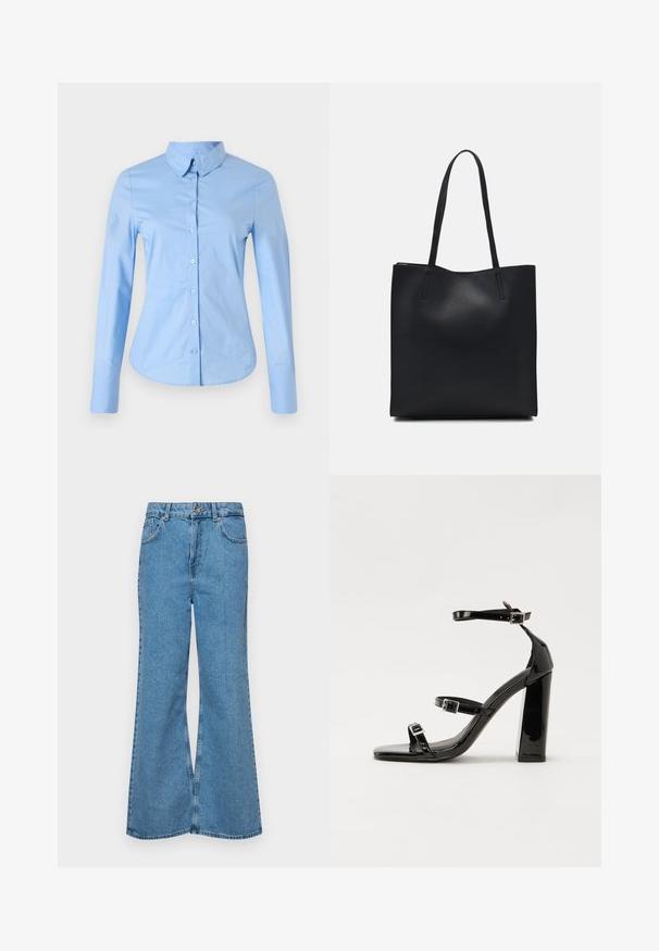 Svetlomodrá košeľa s dlhým rukávom, s špicatým golierom, zapínaním na gombíky a priliehajúcim strihom. Hladký bavlnený materiál, zakončené okraje.; Svetlomodré rozšírené džínsy vyrobené z denimu, s vysokým pásom, piatimi vreckami a jednopoložkovým zapínaním na gombík. Mäkká textúra s vyblednutým povrchom.; Čierne lakované sandále na podpätku so štvorcovou špičkou, navlečenými remienkami okolo členku a striebornými prackami. Disponujú masívnym blokovým podpätkom pre stabilitu.; Čierna kožená taška na rameno s hladkým povrchom, obdĺžnikovým tvarom a dvoma dlhými uchami. Bez viditeľného kovania alebo ozdôb.
