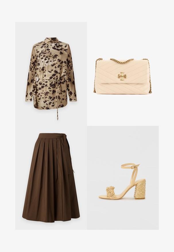 Leoparda raksta garām piedurknēm blūze bēšā satīnā, ar augstu apkakli, regulējamu jostasvietu un gludu, spīdīgu tekstūru.; Brūna grebtu svārku izgatavošana no auduma ar gludu tekstūru, ar augstu jostu un sānu sasaistes detaļu aizvēršanai.; Bēšas augstpapēžu sandaļi ar pītas faktūras dizainu, kas ietver dekoratīvu ziedu un potītes siksnu. Kvadrātveida papēdis nodrošina stabilitāti.; Kvalitatīva krēmkrāsas ādas soma ar zelta ķēdes siksnu un logotipa aizdari. Taisnstūra formas, ar diagonālu dūrienu un gludu faktūru.