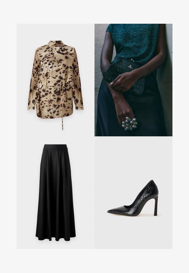 Bežinė satino bluzė su leopardų raštu, ilgomis rankovėmis, turinti funnel tipo apykaklę, raišteliais reguliuojamą liemenį ir glotnią, blizgią tekstūrą.; Juoda, iki žemės tiesi sijonas su lygiu paviršiumi, plačiu juosmeniu ir pūtimo dizainu, be matomų raštų ar puošmenų.; Juoda smailiakulnė aukšto kulno bateliai su krokodilo odos tekstūra, pasižymintys elegantišku dizainu, aukštu stiletu kulnu ir lygia juoda vidine dalimi.; Juodas krokodilo odos rašto vakarėlis su sidabriniais aksesuarais, laikomas prieš tekstūruotą pilką foną. Pasižymi blizgiu paviršiumi.