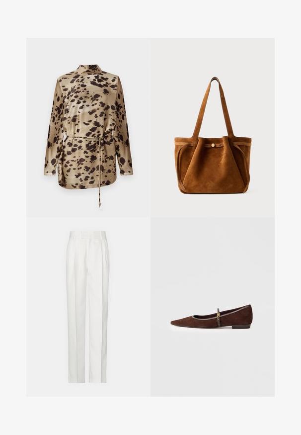 Blusa de seda beige con estampado de leopardo, de manga larga, con cuello alto, cintura con cordón y una textura suave y brillante.; Pantalones blancos a rayas con un diseño de pierna recta, hechos de una tela ligera. Presenta pliegues en la parte delantera y una cinturilla tradicional.; Zapato plano de ante marrón con punta afilada, que presenta una cinta delgada y un acento en dorado. El zapato tiene un tacón bajo y ribete gris.; Bolso tote de ante marrón con asas dobles, una correa de cierre con botón y una forma relajada, ligeramente caída.
