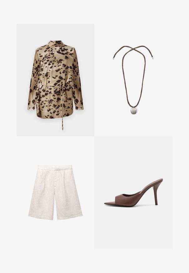 Hladká saténová blůza s dlouhým rukávem v béžovém leopardím vzoru, s vysokým límcem, stahovacími šňůrkami v pase a lesklou texturou.; Beige lněné šortky s širokými nohavicemi, s předními záhyby a hladkým pasem. Materiál má mírně texturovaný povrch.; Hnědé kožené otevřené lodičky na vysokém podpatku s elegantním designem, které mají široký přední pás a štíhlý jehlový podpatek.; Náhrdelník s hnědou šňůrou a stříbrným oválným přívěskem. Přívěsek má hladký povrch a mírné prohloubení ve středu.