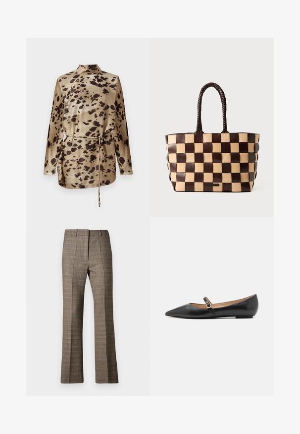 Bluză cu imprimeu leopard, cu mânecă lungă, din satin bej, având guler tip funnel, talie cu șnur și o textură netedă și lucioasă.; Pantaloni în carouri maro, cu un croi drept, având un material texturat și nuanțe subtile de bej și maron închis în întregul model.; Balerini din piele neagră, cu vârf ascuțit și o curea laterală ce prezintă un accent circular de aur. Ușoare, cu o talpă plată.; Geantă tote din piele maro și bej, cu un model țesut în carouri și mânere împletite, pe un fundal alb.
