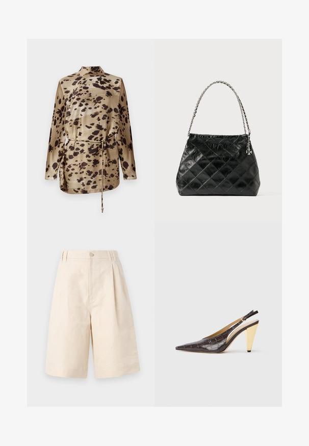 Blusa a maniche lunghe in satin beige con stampa leopardata, caratterizzata da un collo a imbuto, vita regolabile con cordino e una texture liscia e lucida.; Pantaloni shorts in lino beige con una vestibilità rilassata, dotati di chiusura con bottone, design plissettato e taglio lungo fino al ginocchio. Tessuto morbido e stile semplice.; Tacco slingback a punta in ecopelle lucida effetto coccodrillo marrone scuro. Caratterizzato da un tacco geometrico in tonalità oro e da una cinghia alla caviglia regolabile.; Borsa a tracolla nera in pelle trapuntata con manico a catena argentata, caratterizzata da un design strutturato e una texture liscia.