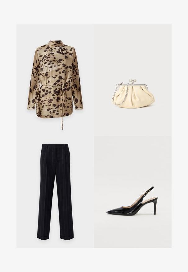 Blusa a maniche lunghe in satin beige con stampa leopardata, caratterizzata da un collo a imbuto, vita regolabile con cordino e una texture liscia e lucida.; Pantaloni neri a righe sottili con una vestibilità su misura, dotati di orlo con risvolto e pieghe frontali. Realizzati in un tessuto liscio con un design strutturato.; Pumps slingback in pelle verniciata nera con punta affilata, tacco sottile e un design con ritagli delicati. Caratterizzate da una fibbia dorata sul cinturino.; Clutch in pelle beige plissettata con una struttura in metallo argento, dotata di due chiusure decorative rotonde e una tracolla in catena argentata.