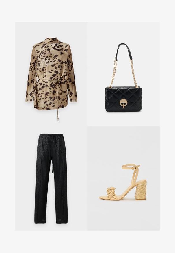 Bež satiinist leopardimustriga pikkade varrukatega pluus, millel on kõrge kaelus, nöörist vöökoht ja sile läikiv tekstuur.; Mustakarvad, kerged püksid tekstuurse, läikiva pinnaga. Omavad elastset vöökohta, millel on paela ja laia lõiget.; Beez kõrge kontsaga sandaalid, millel on punutud tekstuur, dekoratiivne lilleke ja pahkluu rihm. Ruudukujuline konts tagab stabiilsuse.; Mustmust kott mustast quiltnahast, millel on kuldne ahel, ja ringikujuline lukukinnitus. Kompaktne ristkülikukujuline kuju ja sile tekstuur.
