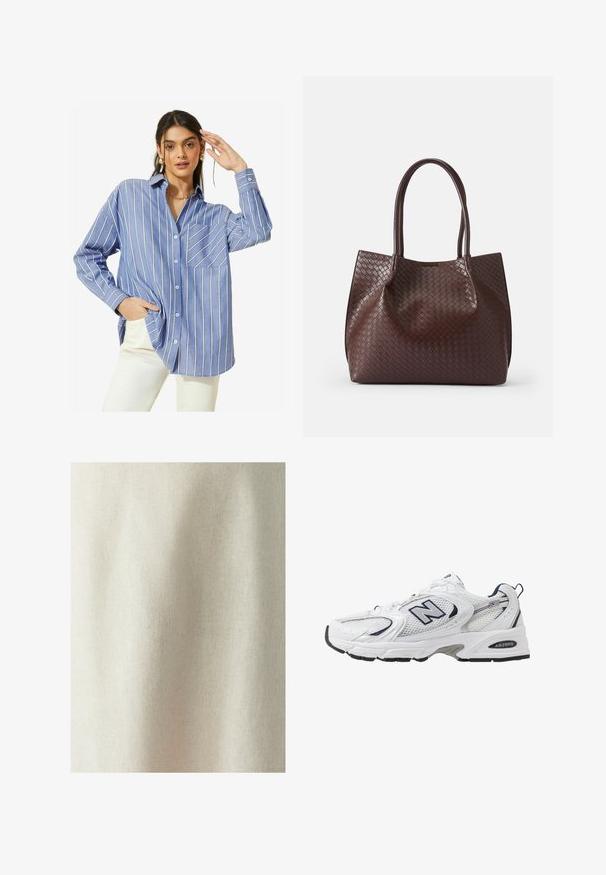 Friends Like These LONG SLEEVE BUTTON THROUGH - Košilová halenka - blue stripe; Světlý béžový textil s jemnou texturou a rovnoměrným tkaním, vykazující měkké záhyby a sklady, vhodný pro různé textilní aplikace.; Bílé sportovní boty s textilním svrškem, námořnickými akcenty a polstrovanou podrážkou. Obsahují logo "N", tkaničky a texturovaný detail na boku.; Hnědá tkaná kožená taška s dvěma uchy, která má texturovaný povrch a otevřený design vrchu. Minimalistický tvar bez dalších kovových doplňků.