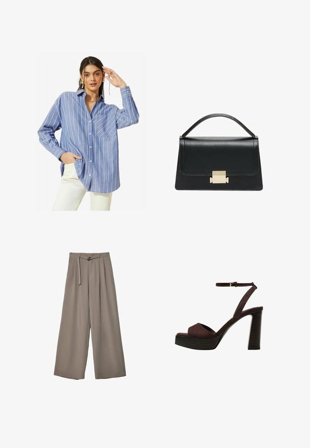 Friends Like These LONG SLEEVE BUTTON THROUGH - Blúzka so zapínaním na gombíky - blue stripe; Široké nohavice v jemnej, tlmenej šedej tkanine, s opaskom v pase a vreckami pre dodatočný dizajnový detail. Hladký povrch, bez vzorov.; Hnedé semišové sandále na vysokom podpätku s otvorenou špičkou, nastaviteľným členkovým remienkom a pruhovanou platformovou podrážkou.; Čierna kožená kabelka so štruktúrovaným prevedením, horným madlom a detailom zlatého kovového uzáveru na prednej strane. Hladká textura, minimálne šitie.