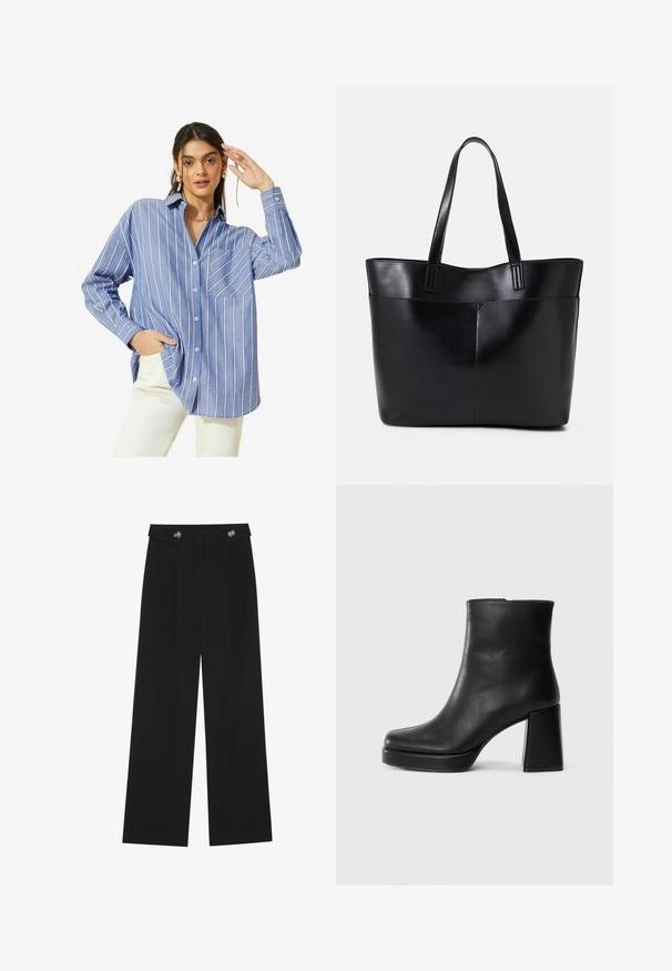 Friends Like These LONG SLEEVE BUTTON THROUGH - Button-down blouse - blue stripe; Black wide-leg trousers with high waist, button details on waistband, and front pleats.; Black leather ankle boot with a block heel and platform sole, viewed from the side on a plain white background.; Black leather tote bag with two long handles, a smooth texture, and a structured shape. Features a front pocket for additional storage.