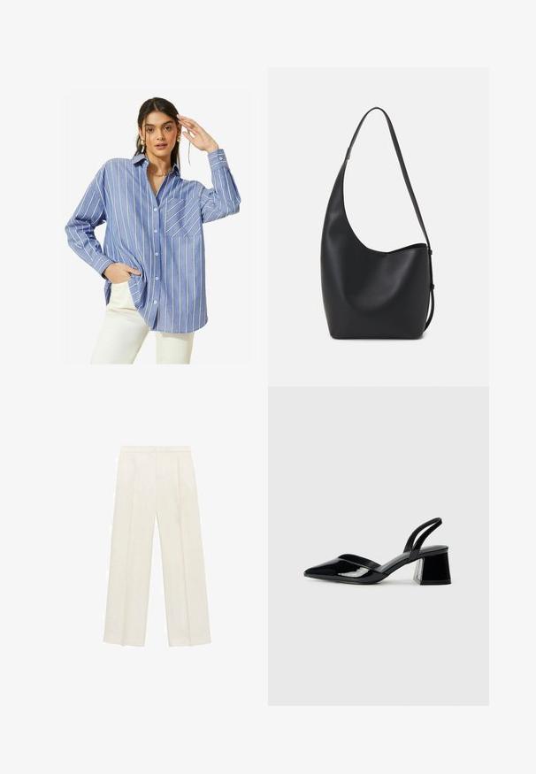 Friends Like These LONG SLEEVE BUTTON THROUGH - Blusa - blue stripe; Pantalones de pierna ancha en un color crema claro. Fabricados con un tejido suave, con pliegues en la parte delantera y bolsillos laterales.; Zapatos de tacón slingback de charol negro con punta afilada y tacón geométrico en bloque. Presentan un diseño elegante y minimalista, así como una textura suave.; Bolso tipo hobo de cuero negro con una textura suave, forma curvada y una sola correa ajustable; presenta una amplia apertura en la parte superior.