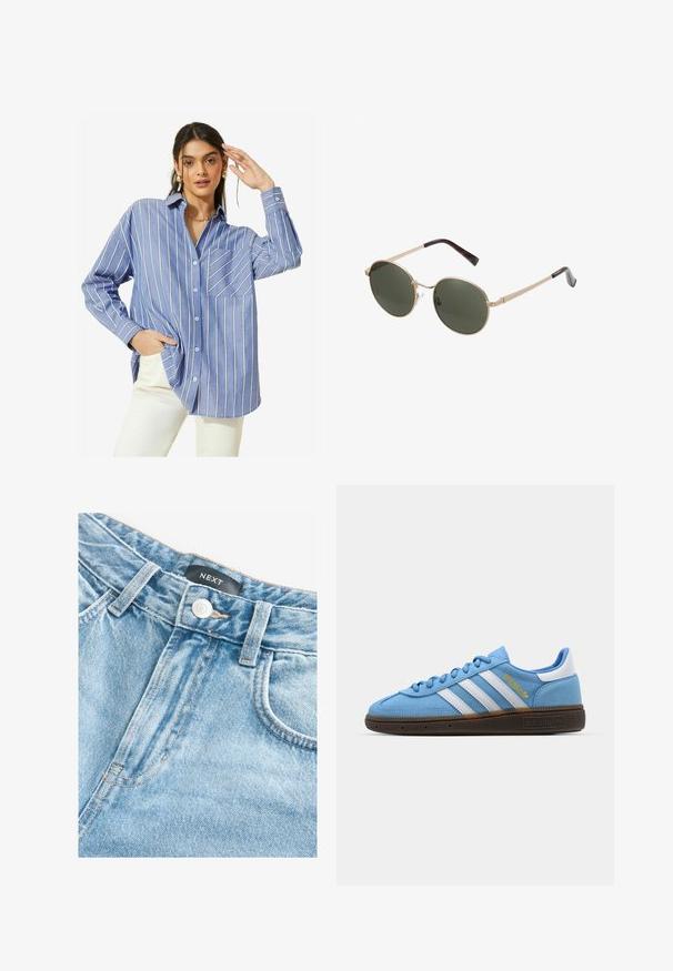 Friends Like These - Koszula; Next - Szorty jeansowe; Jasnoniebieskie zamszowe trampki z białymi skórzanymi paskami, brązową teksturowaną podeszwą i złotym logo. Niskoprofilowy design z zaokrąglonym czubkiem.; Okrągłe okulary przeciwsłoneczne z metalowymi złotymi ramkami i ciemnozielonymi soczewkami. Zauszniki mają wzór w masę tortoiseshell dla lepszego wykończenia.; Czarna torebka z sztucznej skóry o pikowanej fakturze, zaokrąglonym kształcie, srebrnym łańcuszku oraz małym logo na przodzie.