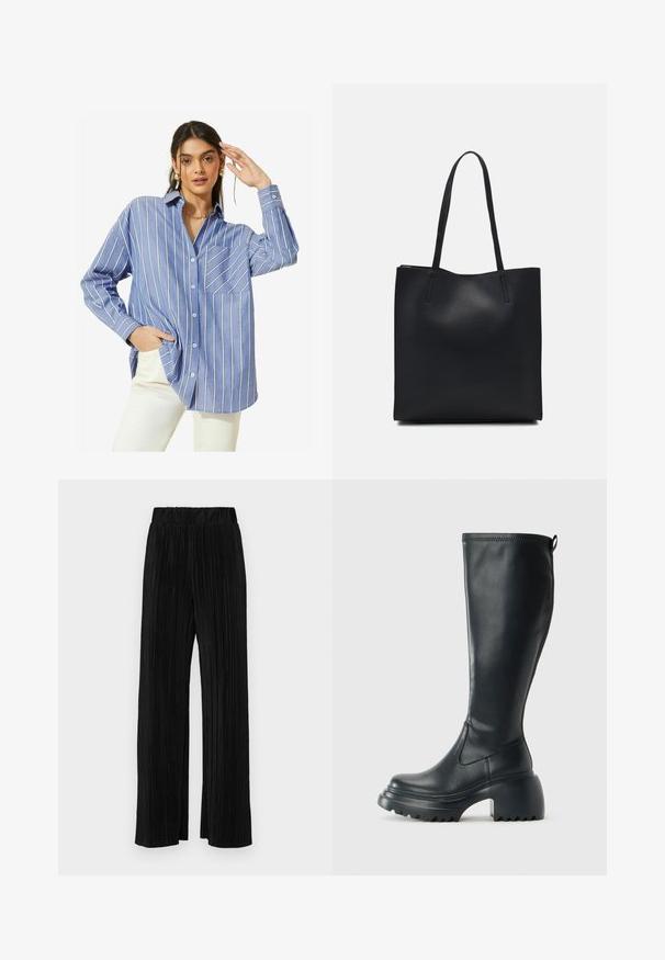 Friends Like These LONG SLEEVE BUTTON THROUGH - Pogājama blūze - blue stripe; Melni plīšu bikses ar elastīgu jostu. Tām ir platākas kājas un gluda, teksturēta auduma ar vertikālām svītrām.; Augstas melnas ādas zābakus ar masīvu platformu un bloka papēdi, ar vilkšanas cilpu un strukturētu profilu uz ārējā zoles.; Melnas ādas somiņa ar gludu tekstūru, taisnstūra formu un divām garām rokturiem. Nav redzamu aparatūras vai rotājumu.