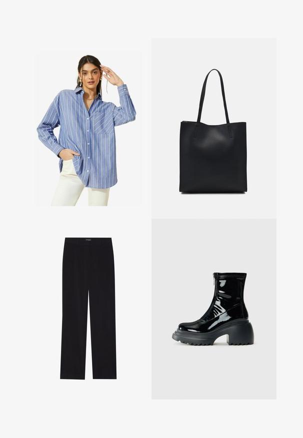 Friends Like These LONG SLEEVE BUTTON THROUGH - Hemdbluse - blue stripe; Schwarze Corduroyhose mit geradem Schnitt, flachem Bund und ohne sichtbare Taschen, glatte Textur und vertikale Rippendetails.; Glänzende schwarze Plattform-Stiefelette mit runder Spitze, klobigem Absatz, Reißverschluss und dickem Profilsohle vor einem weißen Hintergrund.; Schwarze Laptoptasche aus Leder mit glatter Textur, rechteckiger Form und zwei langen Griffen. Keine sichtbaren Beschläge oder Verzierungen.