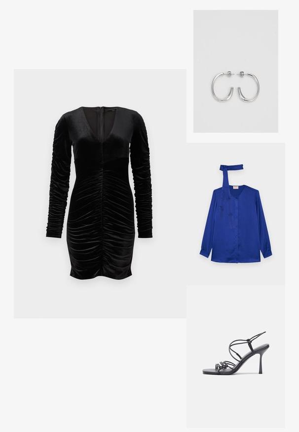 Zilā zīda blūze ar garām piedurknēm, kas iezīmē apaļu kakla izgriezumu, priekšējo pogu aizdari un saskaņotu kakla saiti.; Melna samta kleita ar garām pūkainām piedurknēm, dziļu V veida kakla izgriezumu un krokām priekšpusē. Aizmugurējā daļā ir rāvējslēdzējs. Gluda tekstūra.; Melnas augstpapēžu sandales ar plāniem siksniņām un mezgla dizainu, gluda kvadrātveida purngalu un elegantu stiletto papēdi.; Gaiši pelēka metāla rokassoma ar ķēdes siksnu, rotāta ar mazām apaļām metāla kniedēm un trīsstūra zīmola logo.; Sudraba riņķveida auskari ar gludu, spīdīgu apdari. Apaļas formas, viegla dizaina, ar aizdari uz stieples.